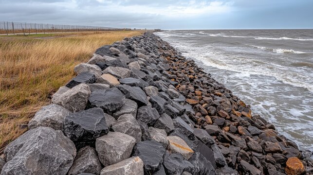 Coastal erosion control project featuring a massive rock wall protecting the shoreline from ocean waves