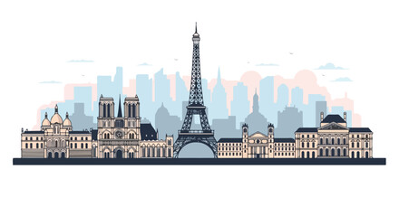 Obraz premium Illustration of the Eiffel Tower and Parisian cityscape skyline in a stylized, flat design with pastel colors.