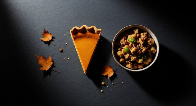 Pumpkin pie slice and apple crumble bowl on dark slate background with autumn maple leaves. Moody Thanksgiving food flat lay with copy space for seasonal culinary marketing.