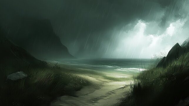 Dramatic Coastal Storm With Heavy Rain and Dark Clouds Rolling In Over the Ocean