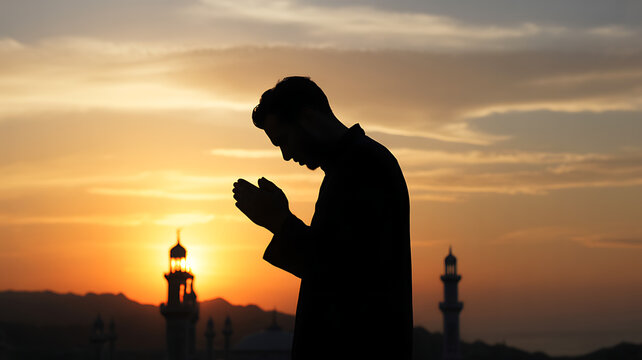Man praying with mosque silhouette at sunset graphic