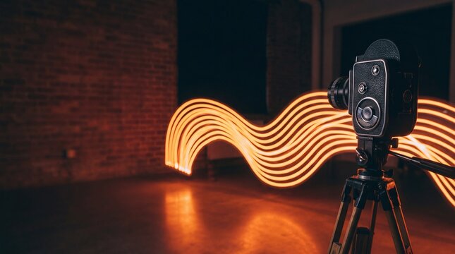 Vintage camera captures glowing light painting in dark studio