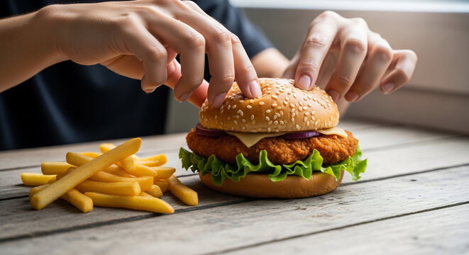 Hands holding a delicious crispy chicken burger with sesame bun, cheese, and lettuce served with golden french fries on a rustic wooden table, fast food meal concept.