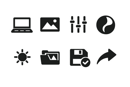 Photo Editing Icons. Photo editing blogger workflow. Filled icon set of Photo editing blogger workflow: laptop