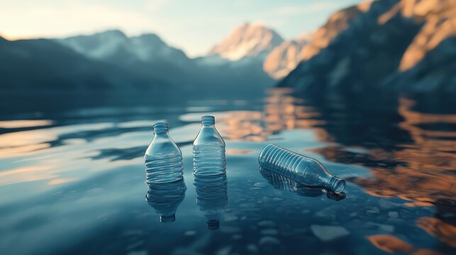 Discarded plastic bottles float on a calm lake surface with majestic mountain reflections