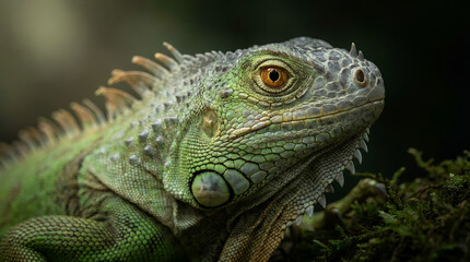 Fototapeta premium A close-up, detailed portrait of a green iguana with vibrant orange eyes, set against a softly blurred background, showcasing its scaly skin and spiky crest