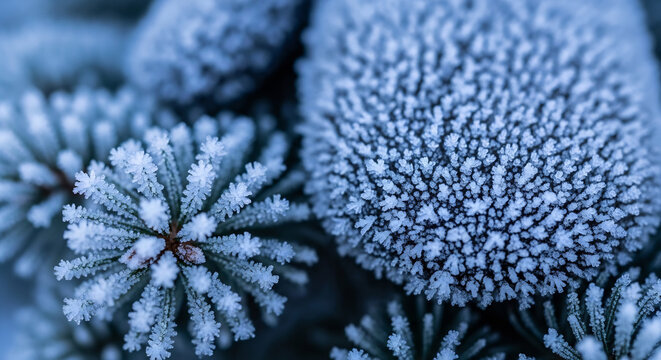 Frozen pine needles covered in hoarfrost crystals, macro winter nature background with icy blue tones, delicate rime ice on coniferous branches, seasonal cold weather texture.
