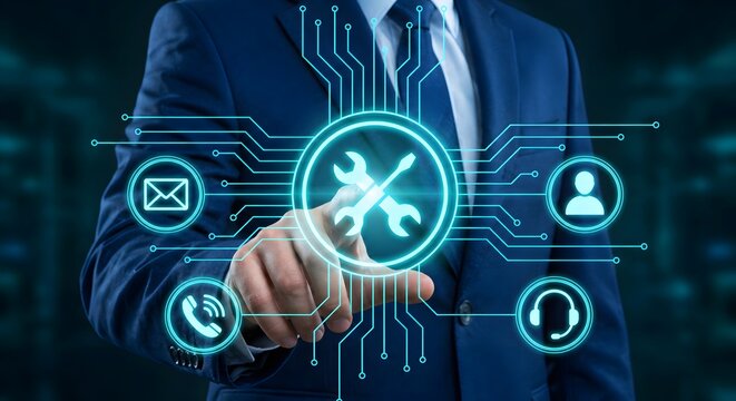 Customer service technology concept showing maintenance tools help desk phone email and headset