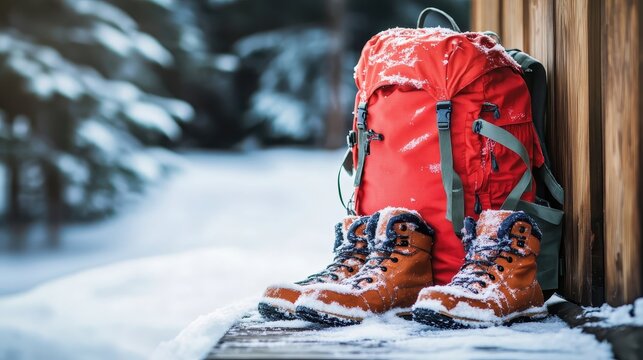 Red backpack and snow boots on a snowy porch ready for winter travel and adventure