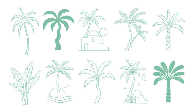 Collection of palm tree icons and tropical doodle elements, hand drawn minimal line art silhouettes for beach, summer and travel design, resort themes, tattoo graphics, packaging, t shirt prints, post