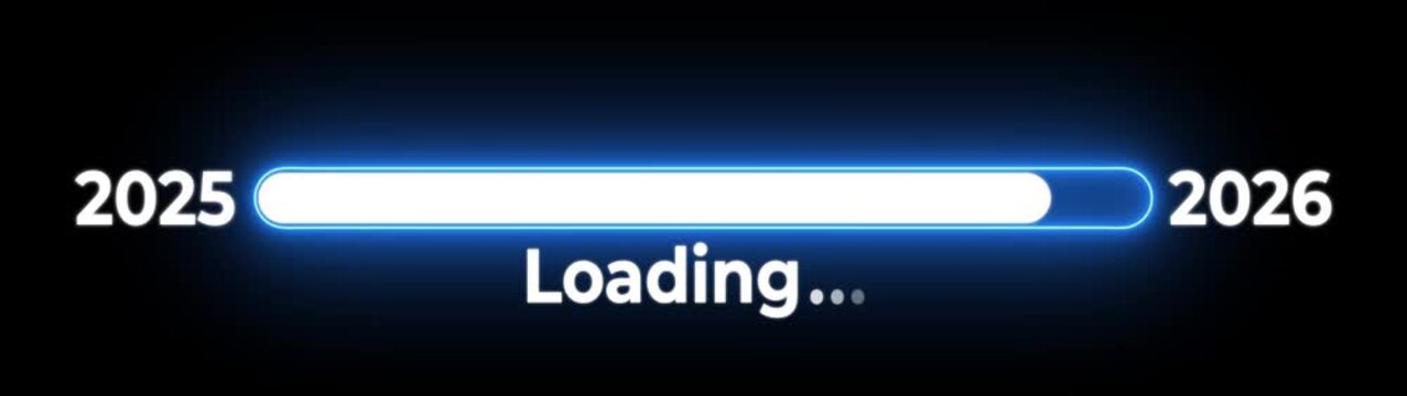 New year 2026 loading bar animation Year changing from 2025 to 2026.Glowing neon Loading bar from 2025 to 2026 new year transfer animation on black background.