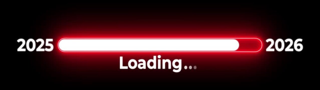 New year 2026 loading bar animation Year changing from 2025 to 2026. Loading bar from 2025 to 2026 new year transfer animation on black background.