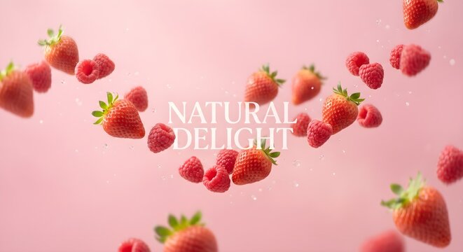 Floating Strawberries and Raspberries Banner with Natural Delight Text on Soft Pink Pastel Background