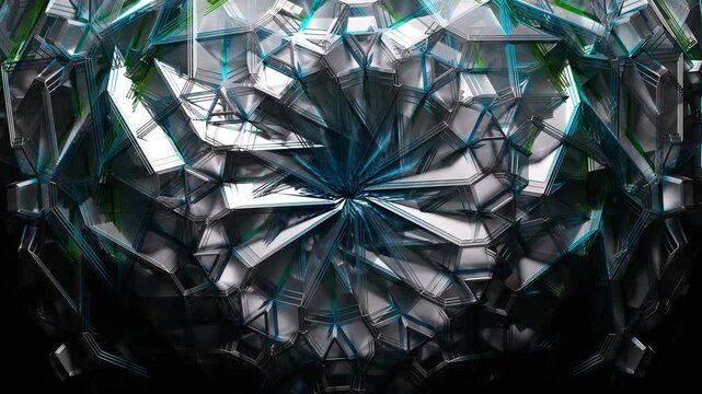 3d render abstract art 3d background with part of surreal symmetry fractal object turbine engine detail in rotation deformation process in transparent plastic material with metal color wire
