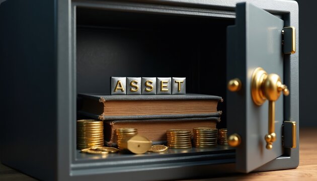 Open safe with gold coins, vintage books, and metallic letters spelling asset. Secure storage for valuable wealth and financial assets in a vault.