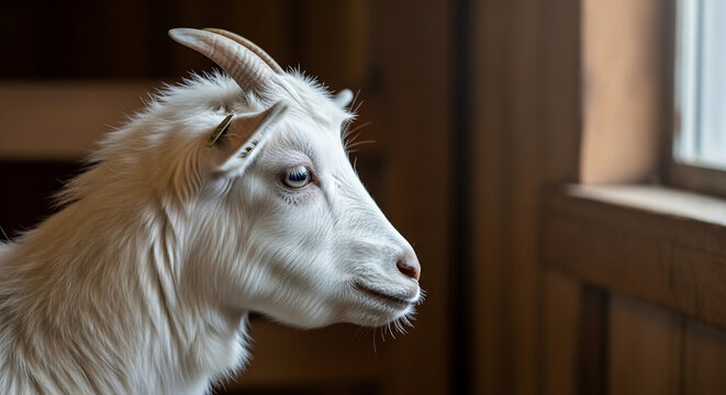 White goat profile for Qurbani, Eid al-Adha sacrificial animal in rustic barn looking out window, traditional livestock, Bakra Eid concept, farm animal portrait