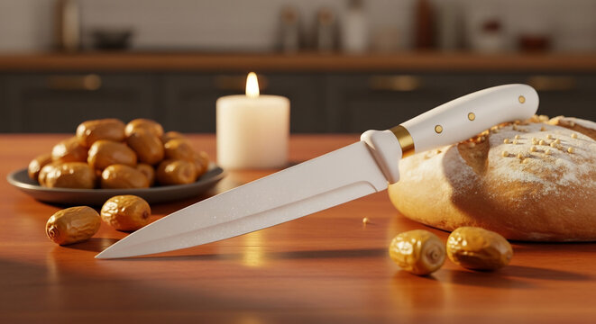 Elegant white knife on crusty bread with dates and lit candle for Eid Mubarak or Ramadan Iftar, traditional Islamic food still life, spiritual atmosphere on wooden table.