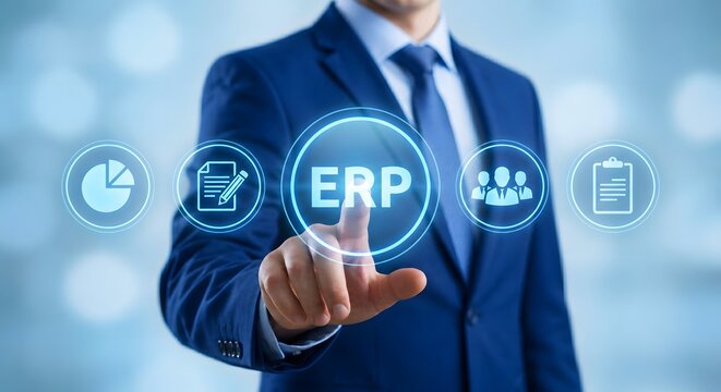 Modern ERP software interface for finance human resources operations and workflow integration