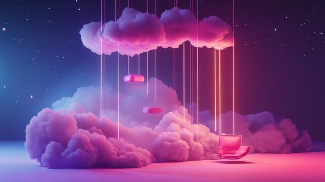 Surreal 3D rendered clouds with neon light strands and floating platforms representing digital data storage concepts