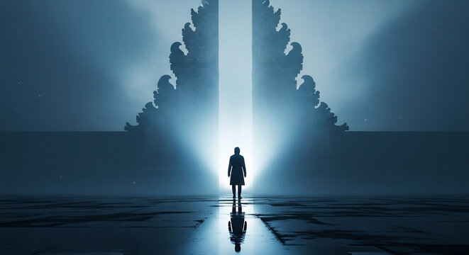 Spiritual silhouette standing before a majestic glowing gateway, Eid Mubarak celebration, divine light portal, cinematic religious concept, serene reflection, path to faith.