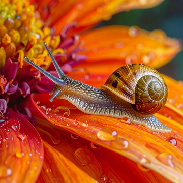 Gambar close-up seekor siput di atas kelopak bunga jeruk yang basah