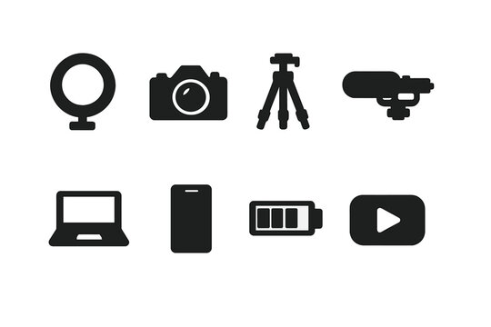 Filming Vlog Icons. Filming vlog setup. Filled icon set of Filming vlog setup: ring light, camera, tripod,