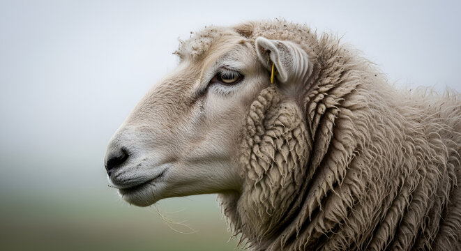 White sheep profile for Eid al-Adha celebration, wooly sacrificial ram head with ear tag, livestock for Qurbani sacrifice, rural farm animal portrait, Islamic holiday theme.