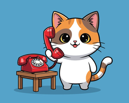 Adorable calico cat answering a vintage red rotary phone