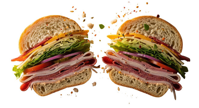 Delicious sandwich cut in half with lettuce, tomato, and meat isolated on transparent background