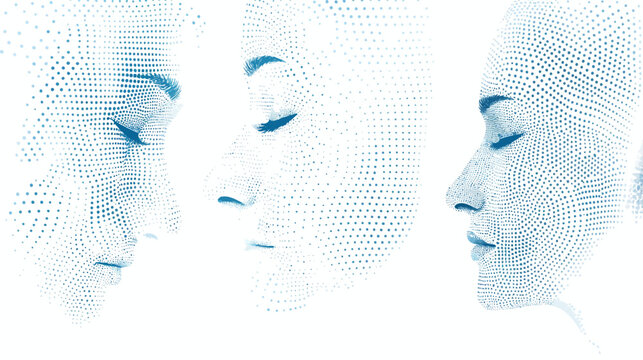 Three profiles of a human face rendered using dot patterns in varying shades of blue