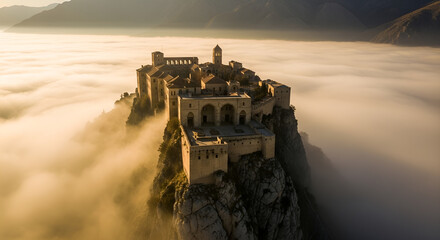 Fototapeta premium Ancient Islamic citadel on a mountain peak rising above clouds at sunrise, ethereal fortress architecture for Eid Mubarak celebration, spiritual landscape, mystical morning light.