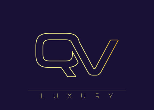 QV Luxury Modern Interlocking Letter Logo Design. Luxury Monogram Logo With Gold Outline On dark Background, Elegant Minimal Branding Mark.