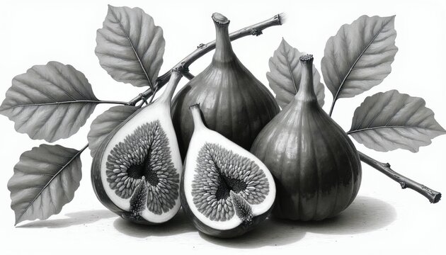 Detailed botanical illustration shows ripe figs, green leaves on branch. One fig fruit cut open revealing juicy interior texture, seeds. Artistic black, white artwork suitable for health food content.