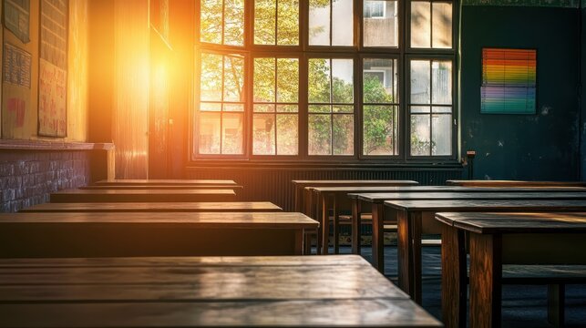 Warm sunlight illuminates an empty classroom with wooden desks and large windows, fostering a sense of quiet learning.