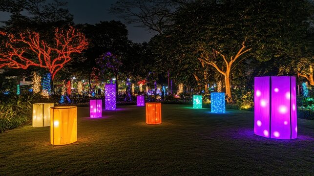 Vibrant light installations illuminate a park at night, creating a magical festive atmosphere for an outdoor celebration.