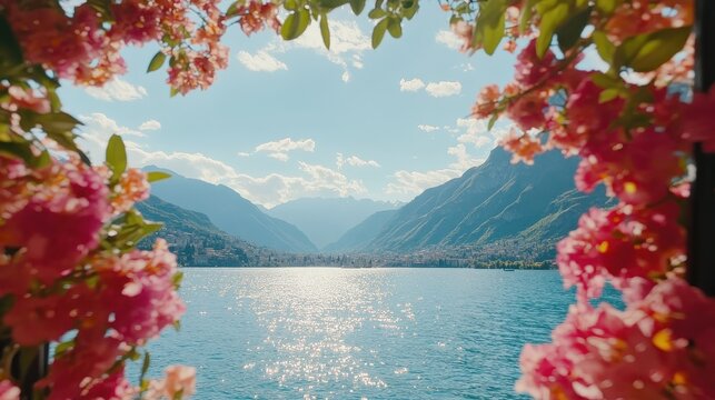 Vibrant Pink and Red Flowers Frame a Serene Lake Vista With Hazy Blue Mountains Under a Bright Sky