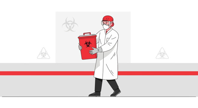 Scientist carrying biohazard waste bin in laboratory with biohazard symbols