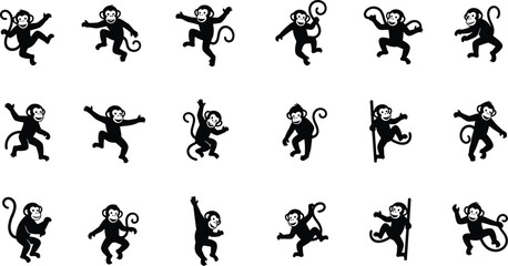 Collection of silhouetted monkeys in various playful and dynamic poses © Mahfuz