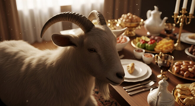 White goat at a festive Eid al-Adha dinner table with traditional food, sweets, and tea, Qurban celebration background, warm holiday atmosphere, Islamic religious tradition.
