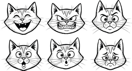 Fototapeta premium Six expressive cat faces a whimsical black and white illustration
