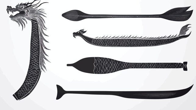Artistic depiction of dragons and abstract elongated shapes in grayscale on a white background