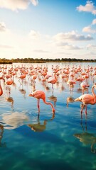 Fototapeta premium Group of pink flamingos wading in calm water, some feeding while others stand gracefully, with a serene landscape and blue sky in the background