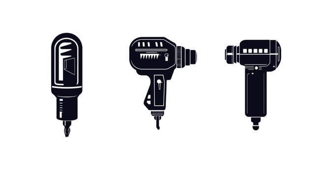 Silhouetted illustration of three tools. From left to right a writing instrument, a tool, and a third instrument