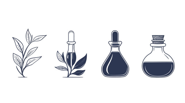 Stylized line art illustration of leaves, dropper and apothecary bottles containing dark liquid
