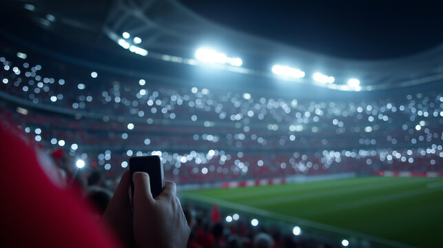 Rear view of stadium fans creating a wall of light with phone flashlights in the dark, fan light display concept, stadium visual tribute, sports event spectacle, defocused