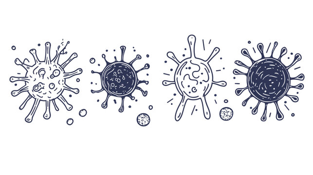 Stylized illustration of various forms of virus. Four abstract images in sketchy style on a white background