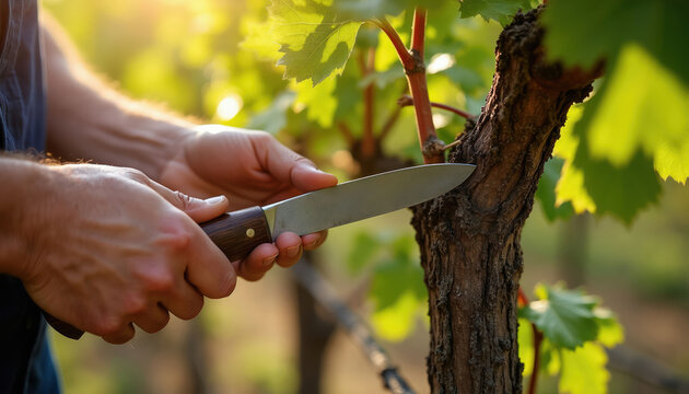 Hands hold knife cutting grape vine branch in sunlit vineyard. Farmer trims plant in rural countryside during daytime, focusing on viticulture and plant care.