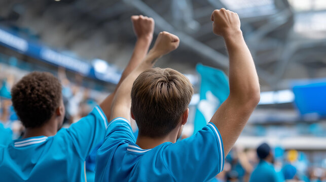 Rear view of fans in sky blue jerseys celebrating a winning goal with arms raised in a stadium, championship victory concept, team color supporter culture, collective joy,