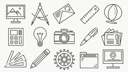 A collection of various line art icons representing office and creative tools on a plain background in a flat design style © Muhammad