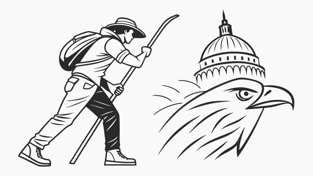 A vector illustration of a man hiking with a backpack and trekking poles approaching an eagle and the US Capitol building
